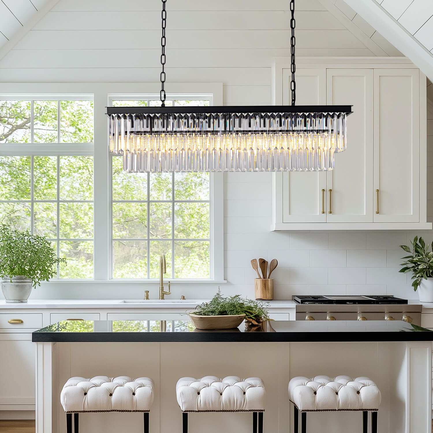 Rectangular Black Metal Crystal Chandelier with E12 Candelabra Sockets for Dining Room and Kitchen Island Lighting | Thomler