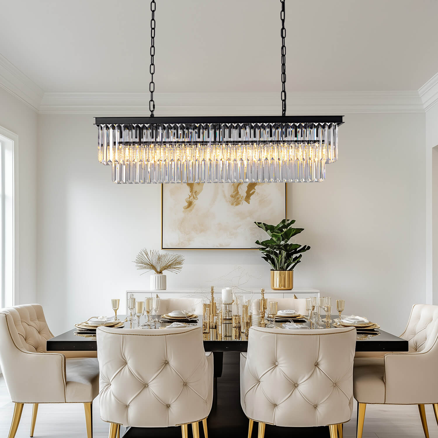 Rectangular Black Metal Crystal Chandelier with E12 Candelabra Sockets for Dining Room and Kitchen Island Lighting | Thomler