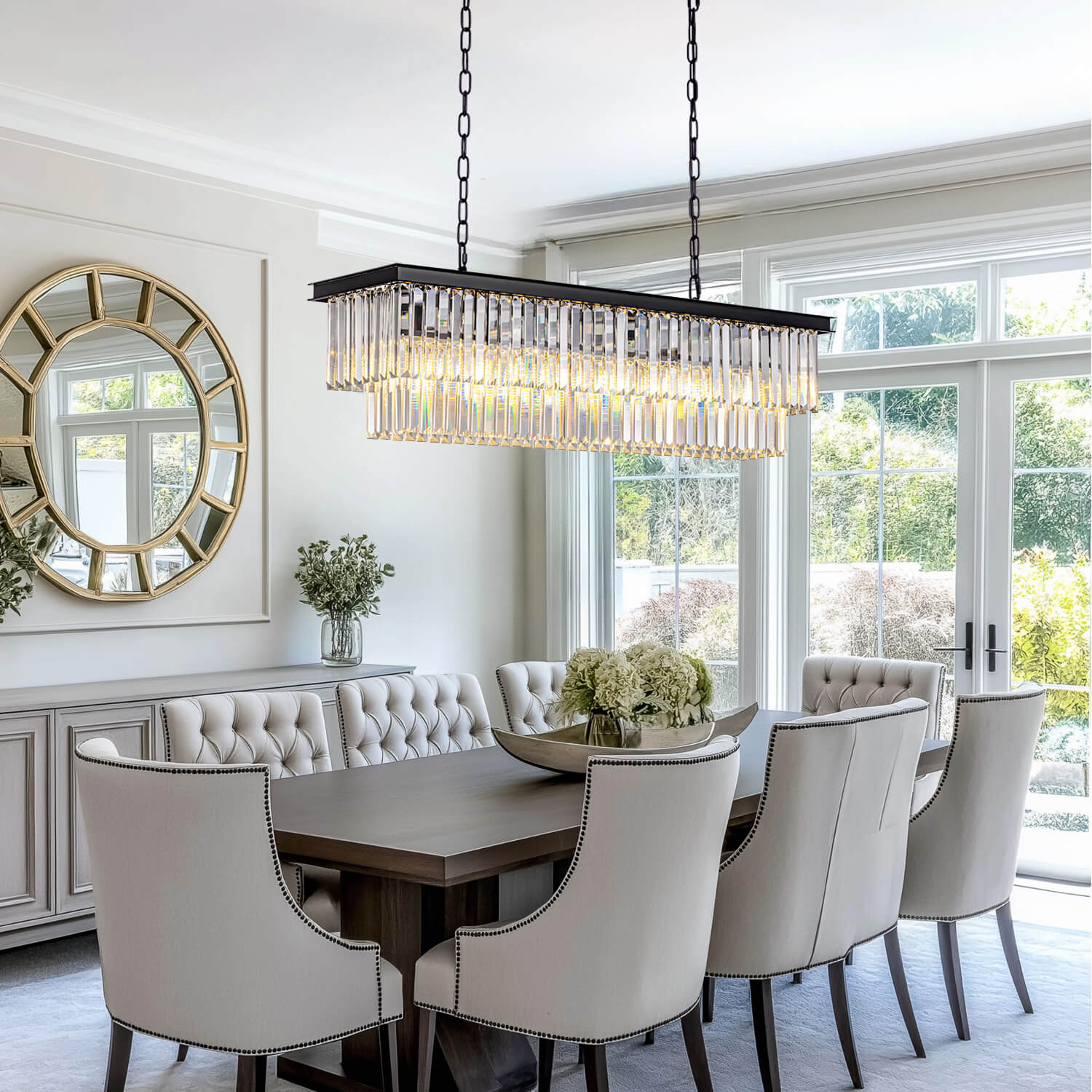Rectangular Black Metal Crystal Chandelier with E12 Candelabra Sockets for Dining Room and Kitchen Island Lighting | Thomler
