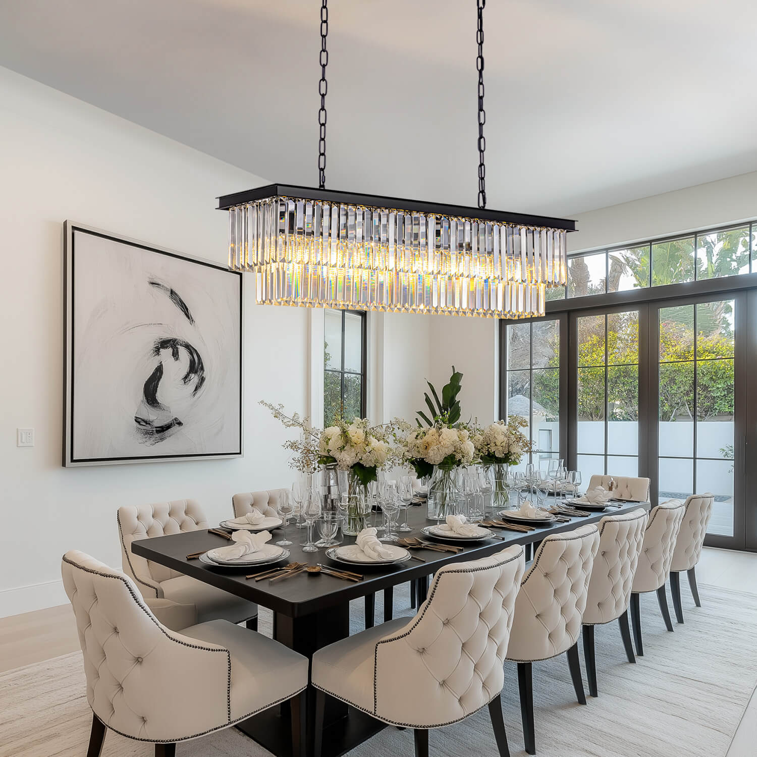 Rectangular Black Metal Crystal Chandelier with E12 Candelabra Sockets for Dining Room and Kitchen Island Lighting | Thomler