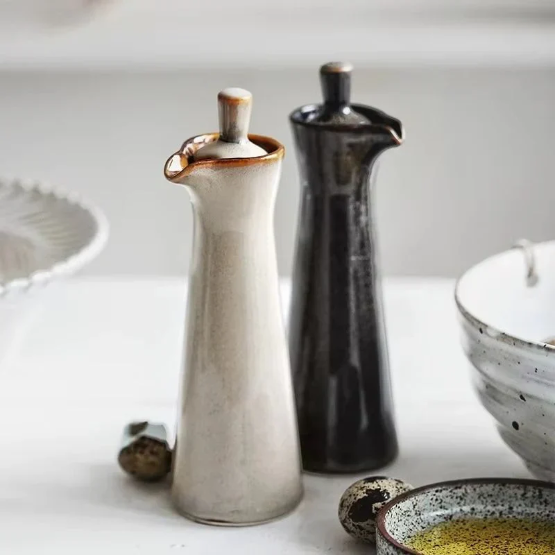 Ceramic Cooking Oil Bottle with No-Drip Spout – 4 oz Countertop Cruet for Olive Oil, Vegetable Oil & Vinegar | Thomler