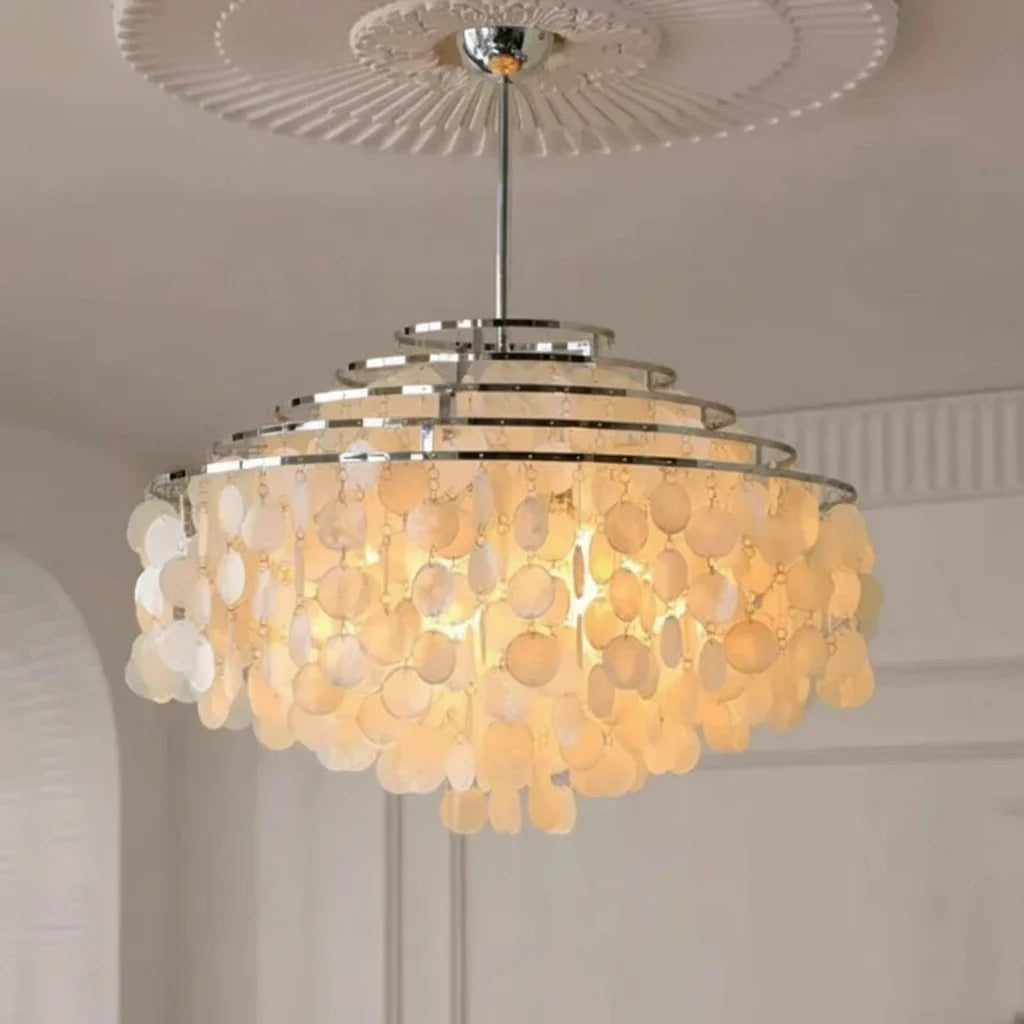 Tiered Oceanic Shell Disc Pendant with LED Illumination – Cascading Statement Fixture for High Ceilings | Thomler