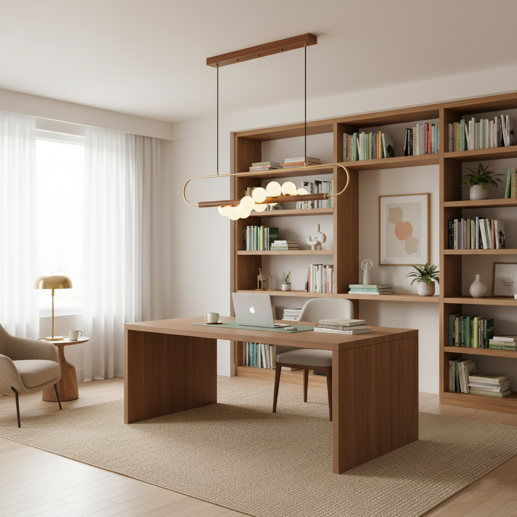 Chandelier Brass Walnut 35.4 in Linear White Glass Dining Room Ceiling Light Modern Adjustable Hanging Fixture | Thomler