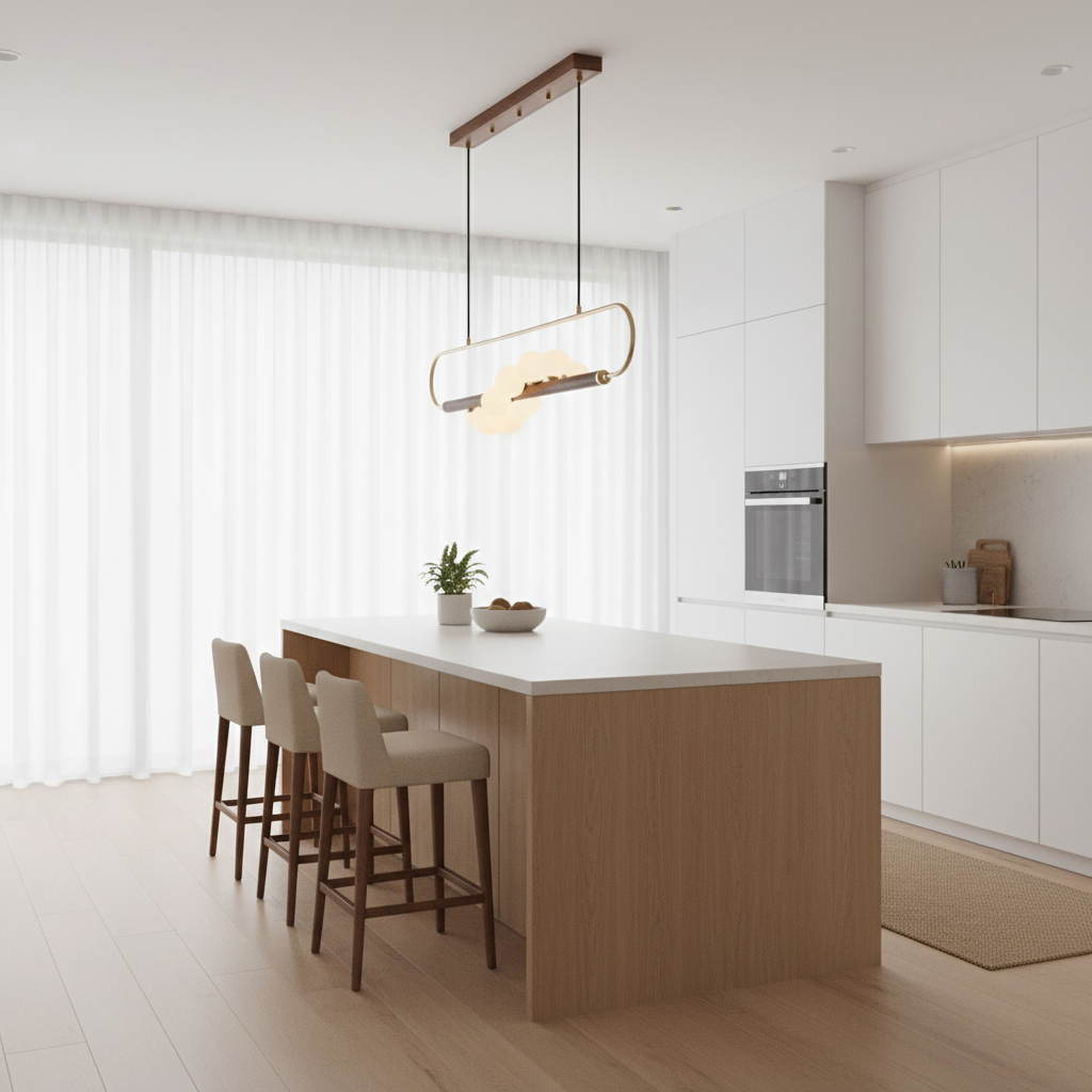 Chandelier Brass Walnut 35.4 in Linear White Glass Dining Room Ceiling Light Modern Adjustable Hanging Fixture | Thomler