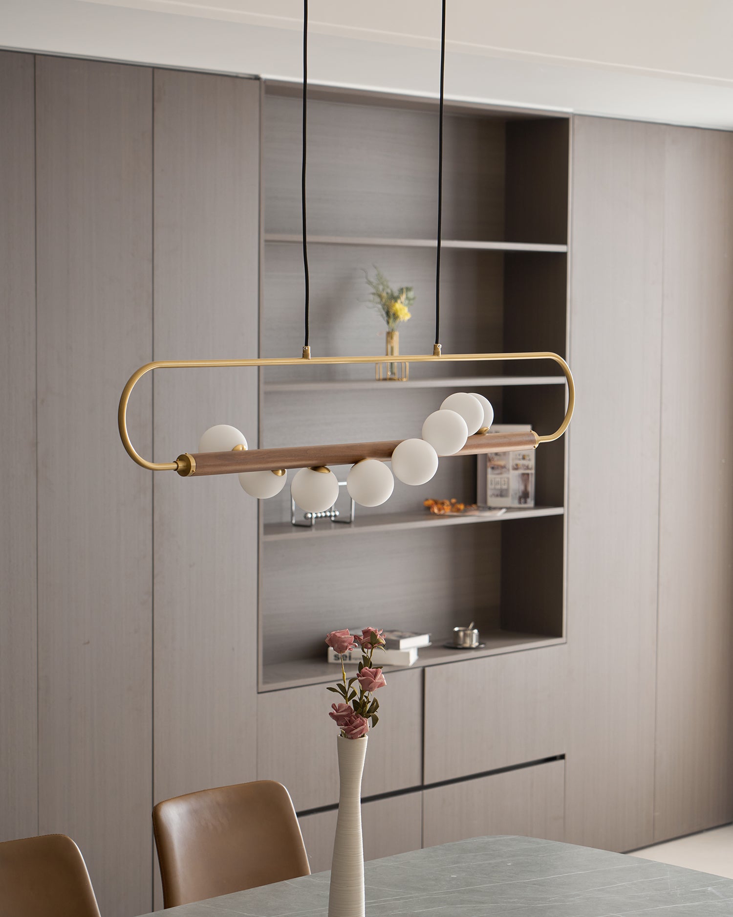 Chandelier Brass Walnut 35.4 in Linear White Glass Dining Room Ceiling Light Modern Adjustable Hanging Fixture | Thomler