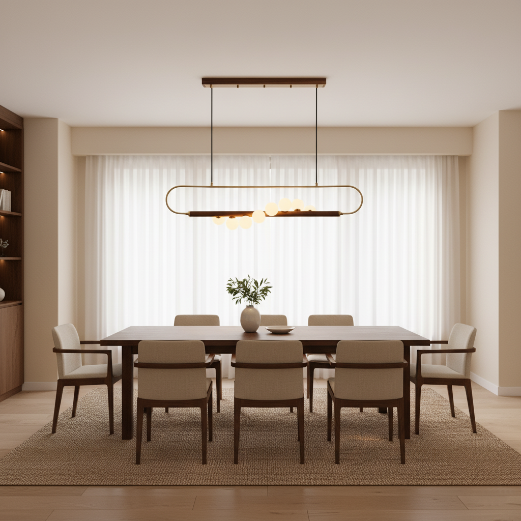 Chandelier Brass Walnut 35.4 in Linear White Glass Dining Room Ceiling Light Modern Adjustable Hanging Fixture | Thomler