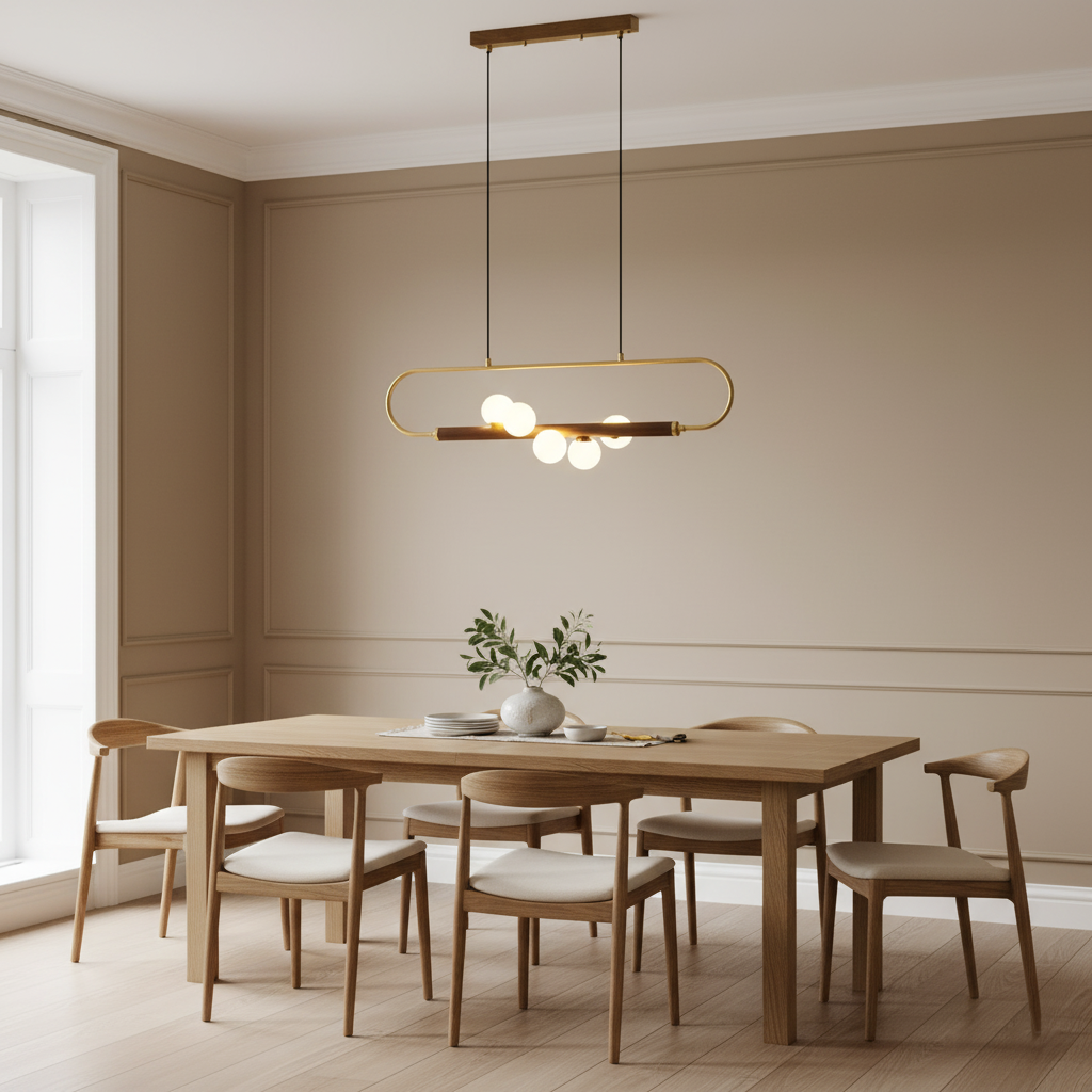 Chandelier Brass Walnut 35.4 in Linear White Glass Dining Room Ceiling Light Modern Adjustable Hanging Fixture | Thomler