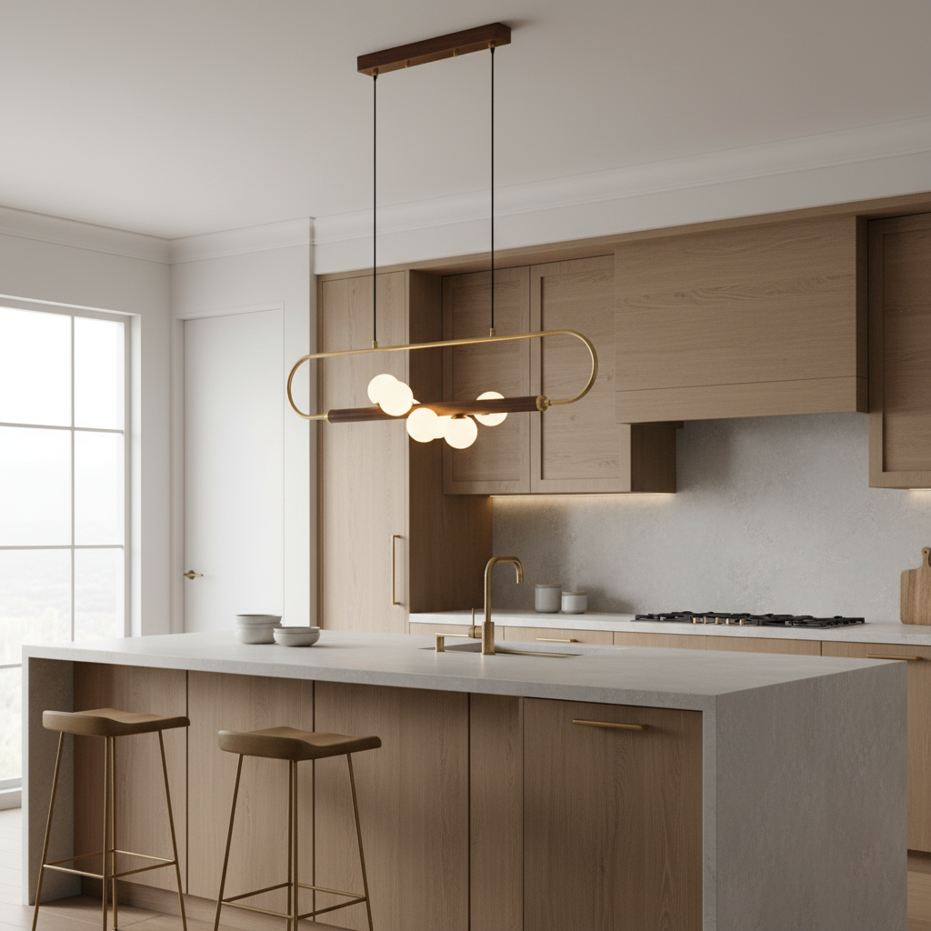 Chandelier Brass Walnut 35.4 in Linear White Glass Dining Room Ceiling Light Modern Adjustable Hanging Fixture | Thomler