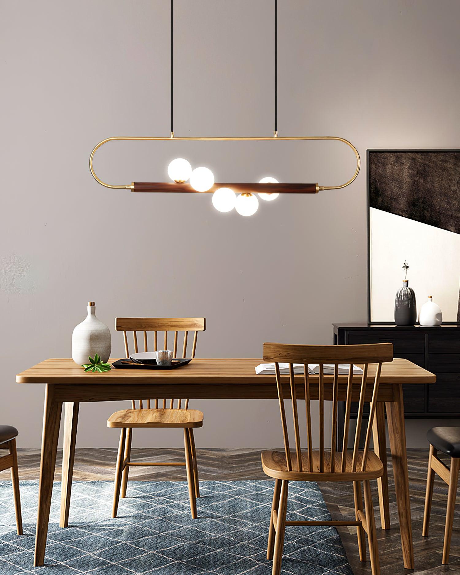 Chandelier Brass Walnut 35.4 in Linear White Glass Dining Room Ceiling Light Modern Adjustable Hanging Fixture | Thomler