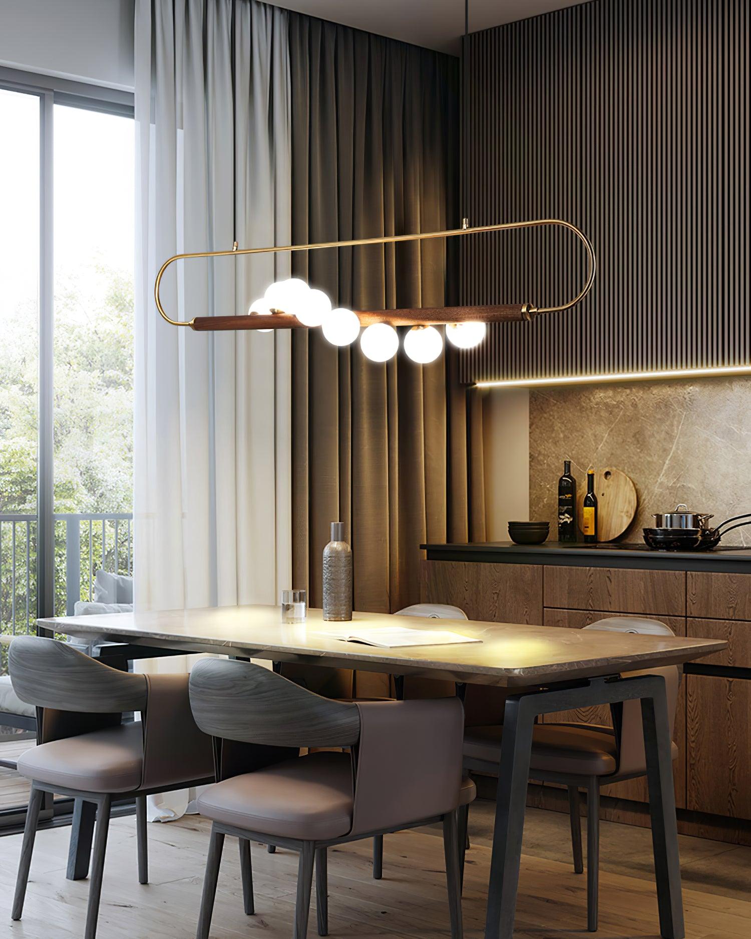 Chandelier Brass Walnut 35.4 in Linear White Glass Dining Room Ceiling Light Modern Adjustable Hanging Fixture | Thomler