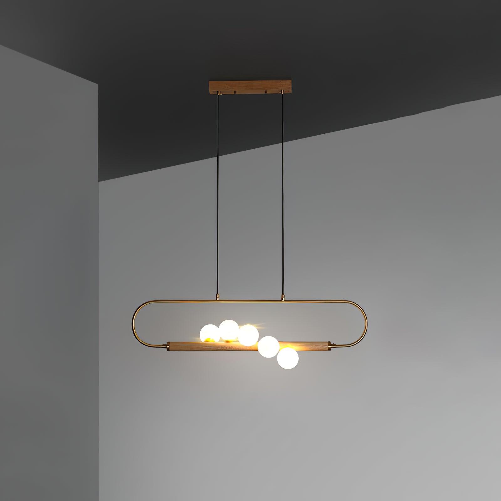 Chandelier Brass Walnut 35.4 in Linear White Glass Dining Room Ceiling Light Modern Adjustable Hanging Fixture | Thomler