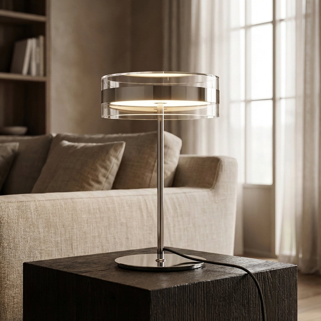 Table Lamp Acrylic Cylindrical Shade 20.0 cm Chrome Bedroom Bedside Desk Reading Light Modern Minimalist Ambient Lighting | Thomler