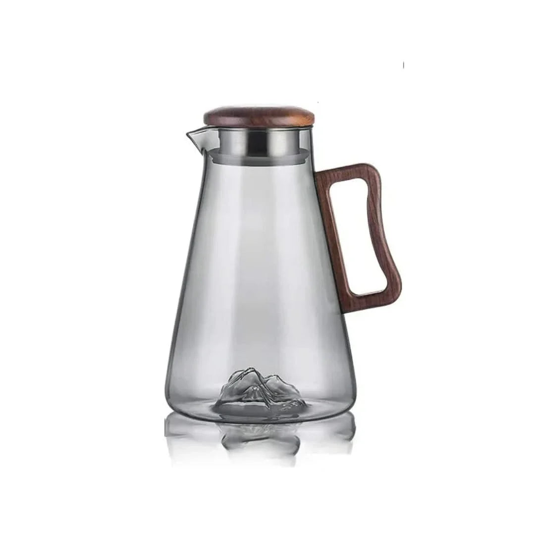 Heat-Safe Borosilicate Water Carafe with Wood Handle & Filter Lid – 68 oz Beverage Server for Juice, Iced Tea & Lemonade | Thomler
