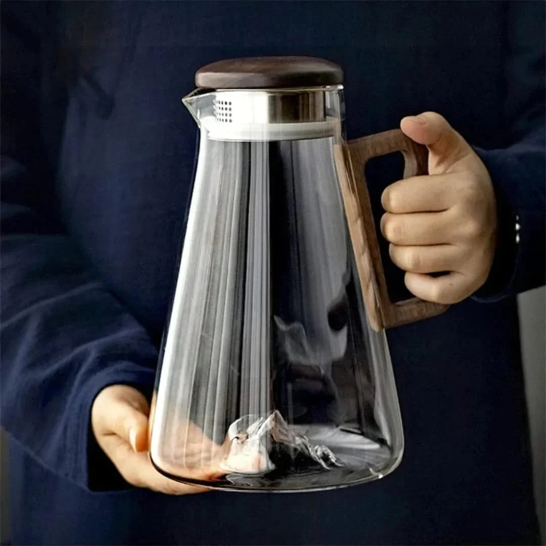 Heat-Safe Borosilicate Water Carafe with Wood Handle & Filter Lid – 68 oz Beverage Server for Juice, Iced Tea & Lemonade | Thomler