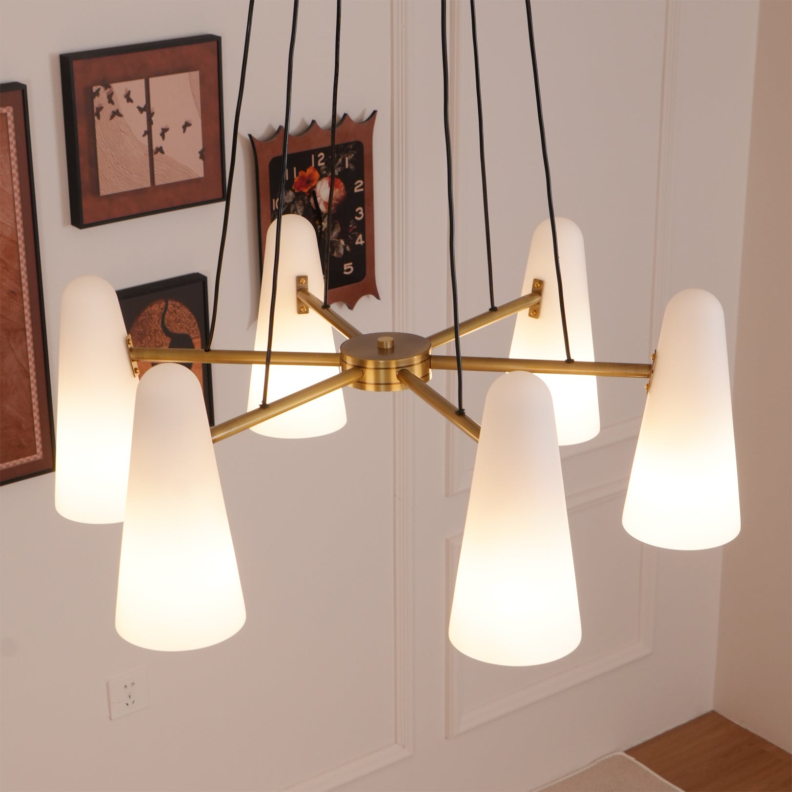 Chandelier Brass 31.5 in Ceiling Light White Glass Dining Room Living Room Fixture 6-8 Heads Adjustable Length | Thomler