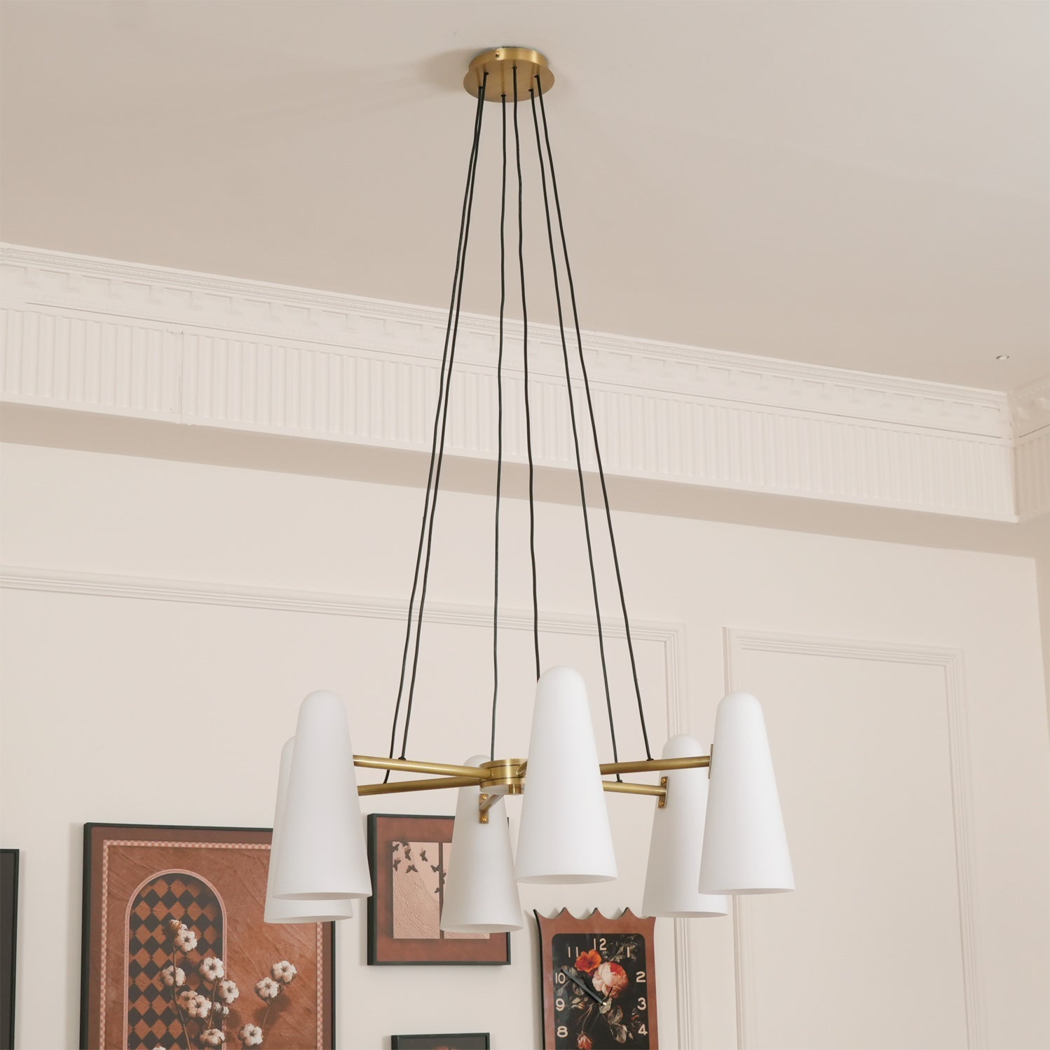 Chandelier Brass 31.5 in Ceiling Light White Glass Dining Room Living Room Fixture 6-8 Heads Adjustable Length | Thomler