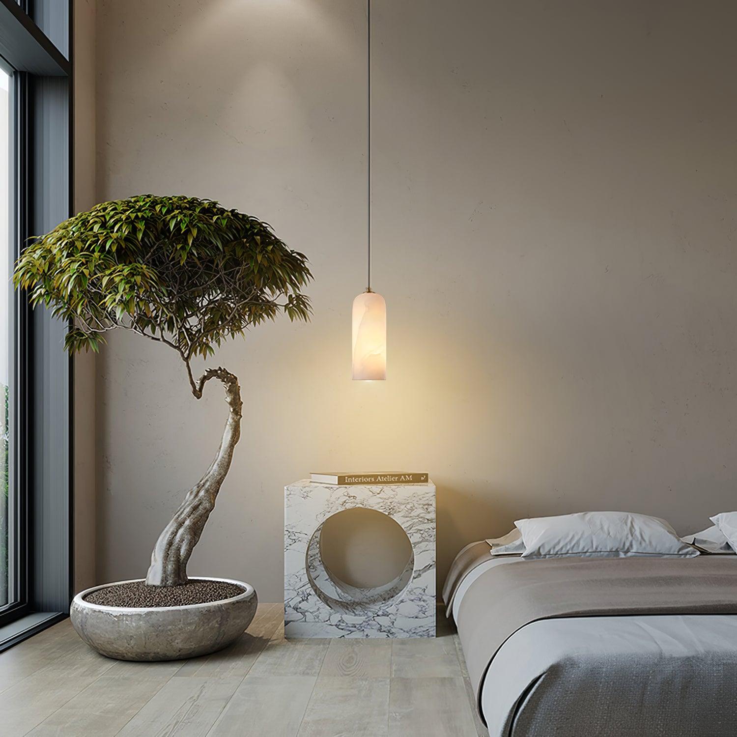 Pendant Light Alabaster Stone 9.8 in White Kitchen Island Dining Hanging Ceiling Lamp Minimalist Nordic Brass Accent | Thomler