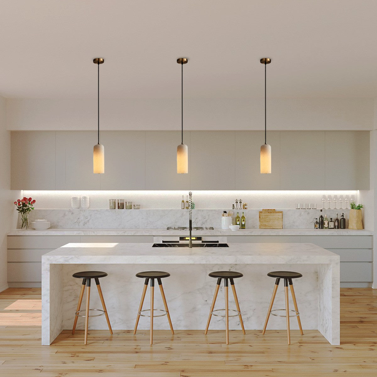 Pendant Light Alabaster Stone 9.8 in White Kitchen Island Dining Hanging Ceiling Lamp Minimalist Nordic Brass Accent | Thomler