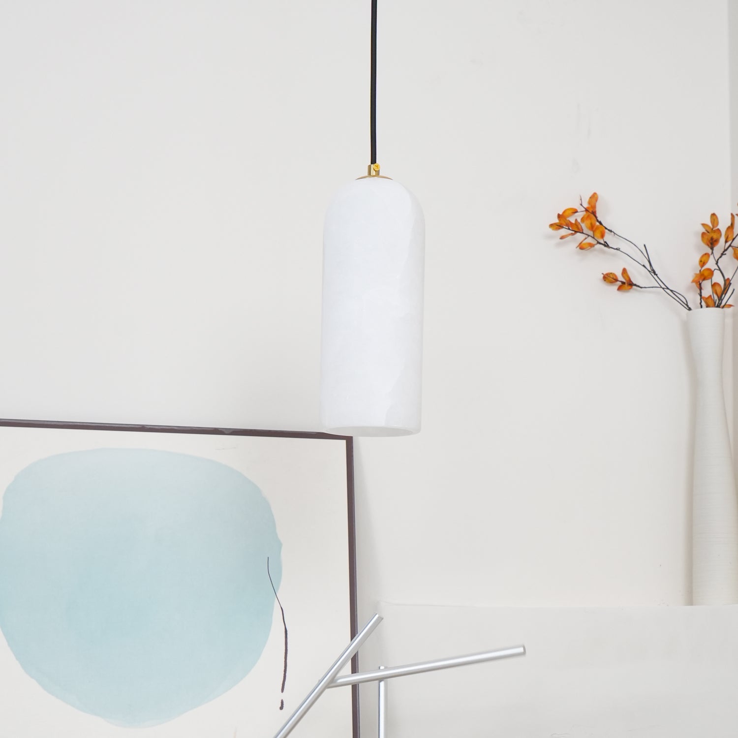 Pendant Light Alabaster Stone 9.8 in White Kitchen Island Dining Hanging Ceiling Lamp Minimalist Nordic Brass Accent | Thomler