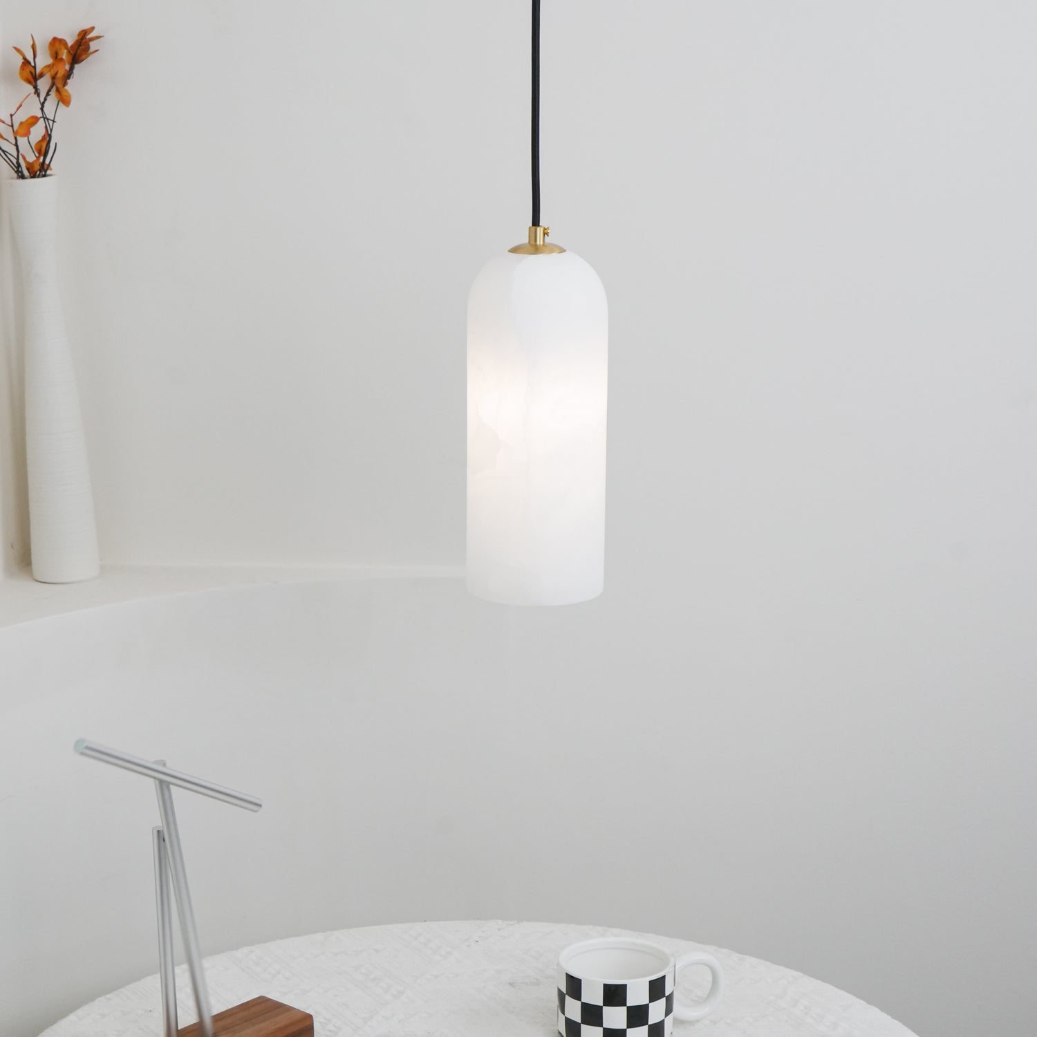 Pendant Light Alabaster Stone 9.8 in White Kitchen Island Dining Hanging Ceiling Lamp Minimalist Nordic Brass Accent | Thomler