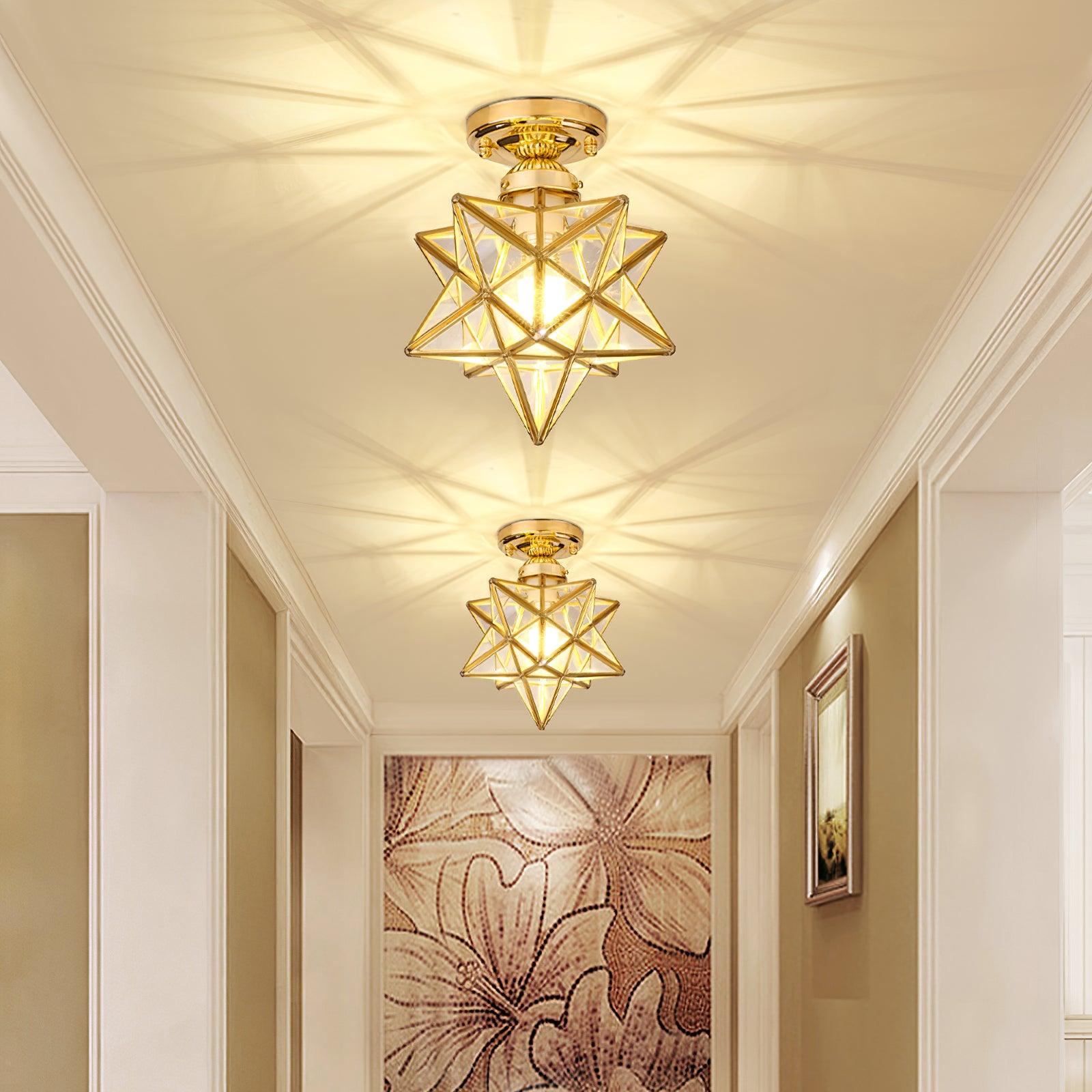 Geometric Star Pendant Light Fixture with Multi-Faceted Glass Panels for Hallway Entry Living Room Indoor Overhead Lighting | Thomler