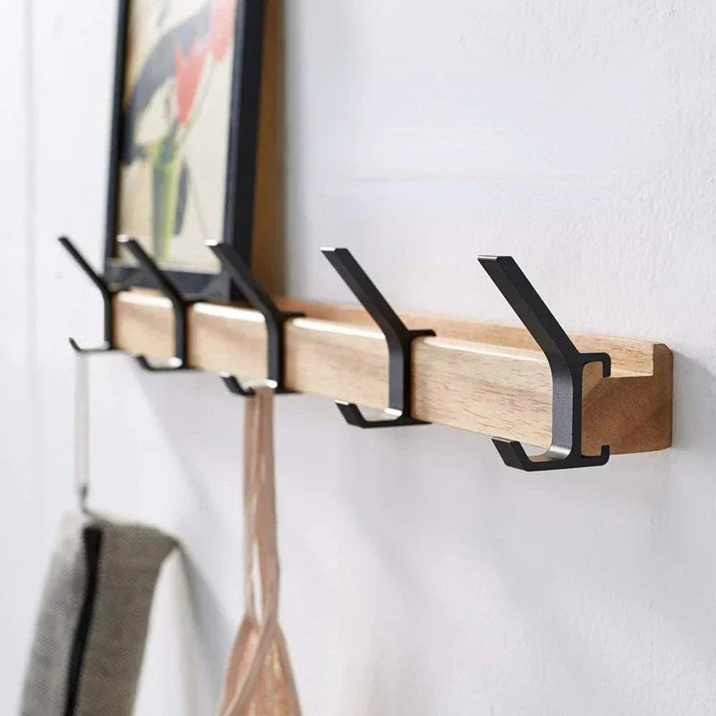 Wall-Mounted Coat Rack with Swivel Hooks | Natural Wood & Aluminum | 5 Movable Pegs for Entryway Bedroom Office | Scandinavian Style | Thomler