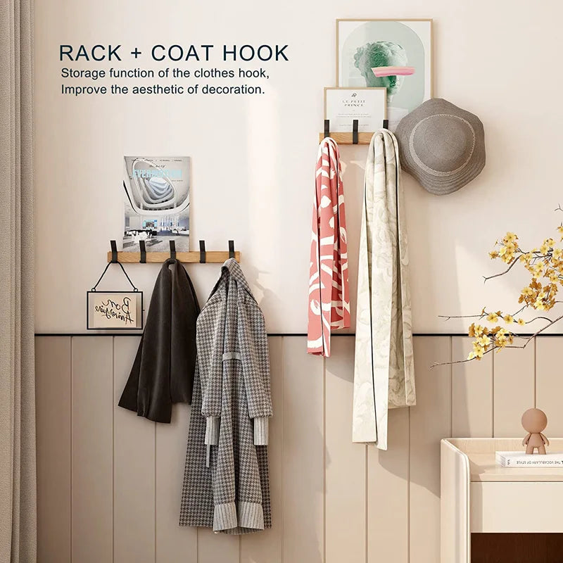 Wall-Mounted Hook Rail with 5 Sliding Double Pegs | Natural Wood & Black Aluminum Entryway Organizer for Coats, Hats, Bags | Scandinavian | Thomler