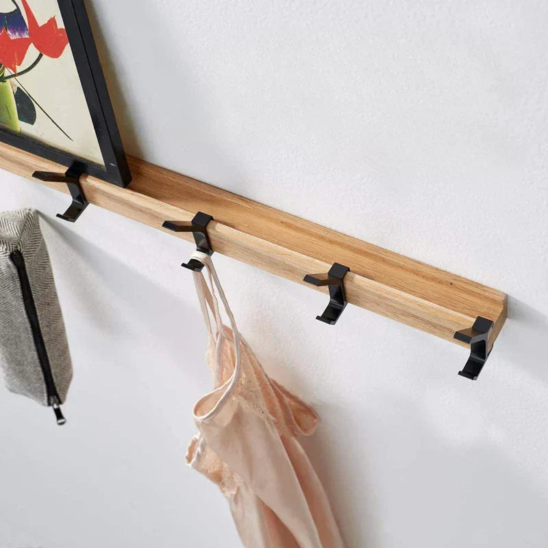 Wall-Mounted Hook Rail with 5 Sliding Double Pegs | Natural Wood & Black Aluminum Entryway Organizer for Coats, Hats, Bags | Scandinavian | Thomler