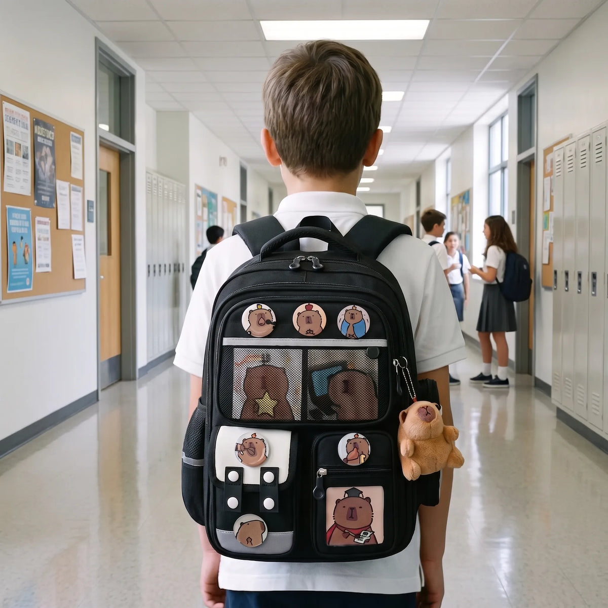 Youth Capybara Backpack with Detachable Charm & Clear Organizer Pockets for School, Books & Snacks | Thomler