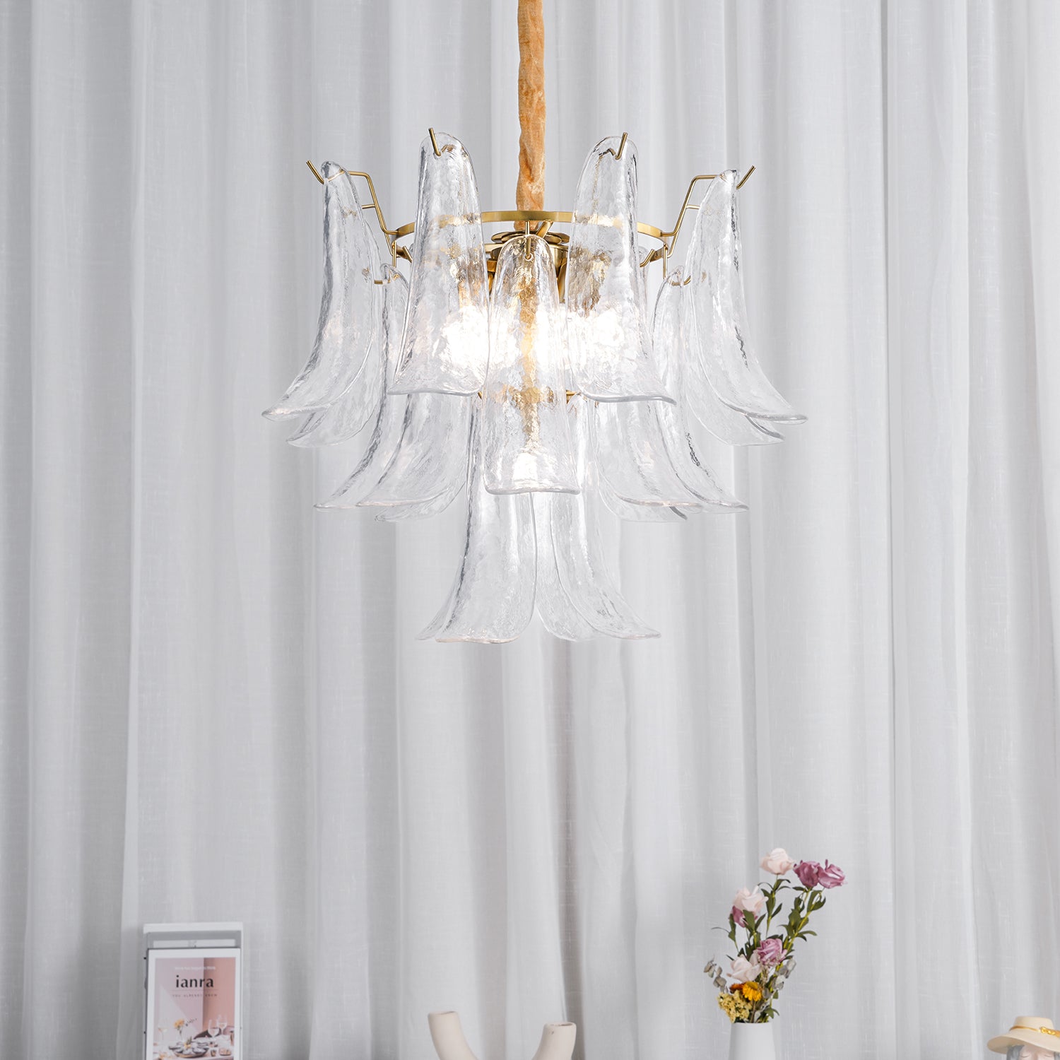 Chandelier Glass Murano 19.6 in Indoor Ceiling Light White Amber Clear Decorative Fixture | Thomler
