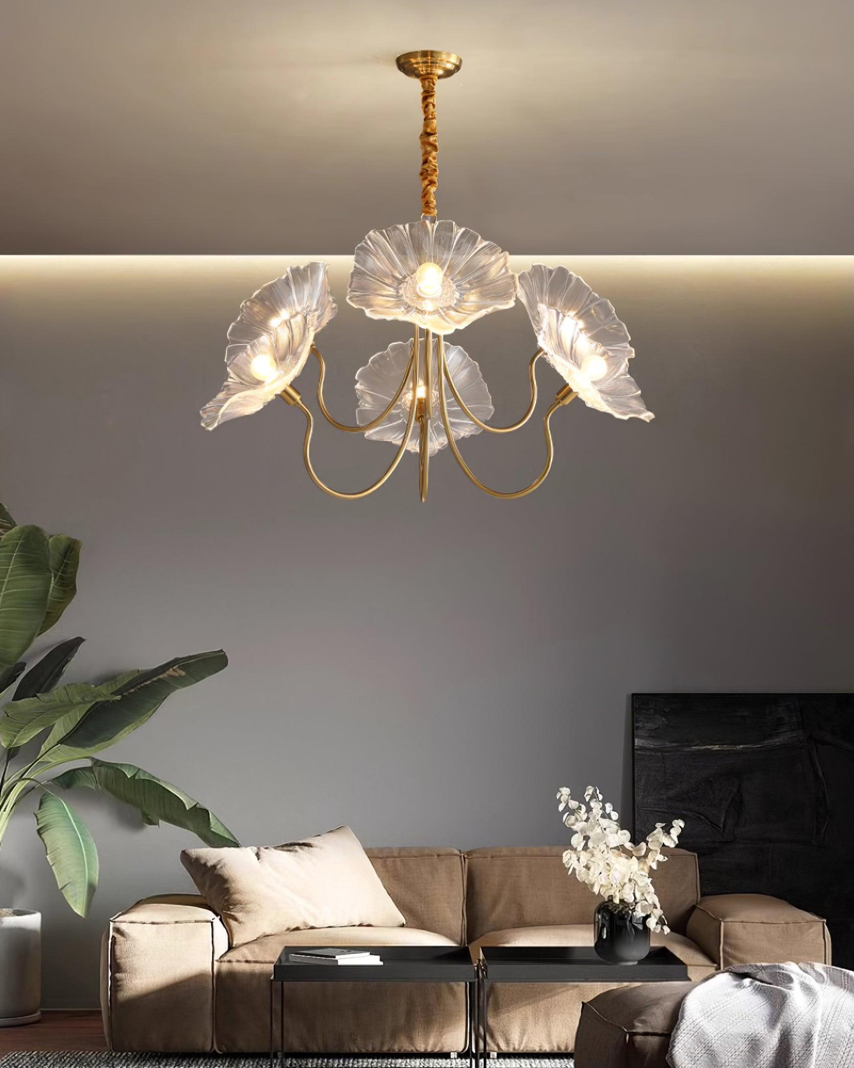 Chandelier Glass Lotus Leaf 35.4 in Modern Indoor Ceiling Light Clear Pink Artistic Home Dining Room Lighting | Thomler