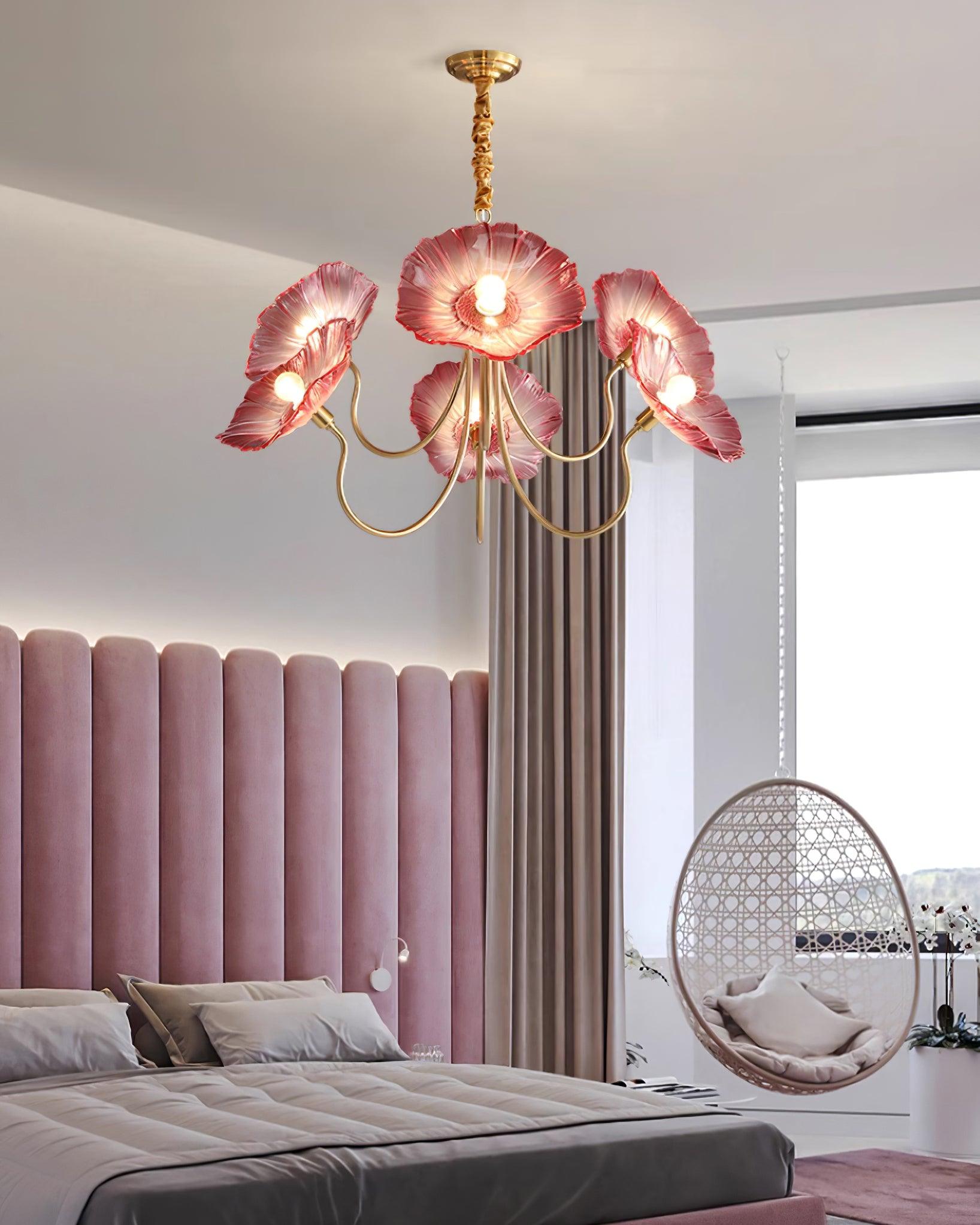 Chandelier Glass Lotus Leaf 35.4 in Modern Indoor Ceiling Light Clear Pink Artistic Home Dining Room Lighting | Thomler