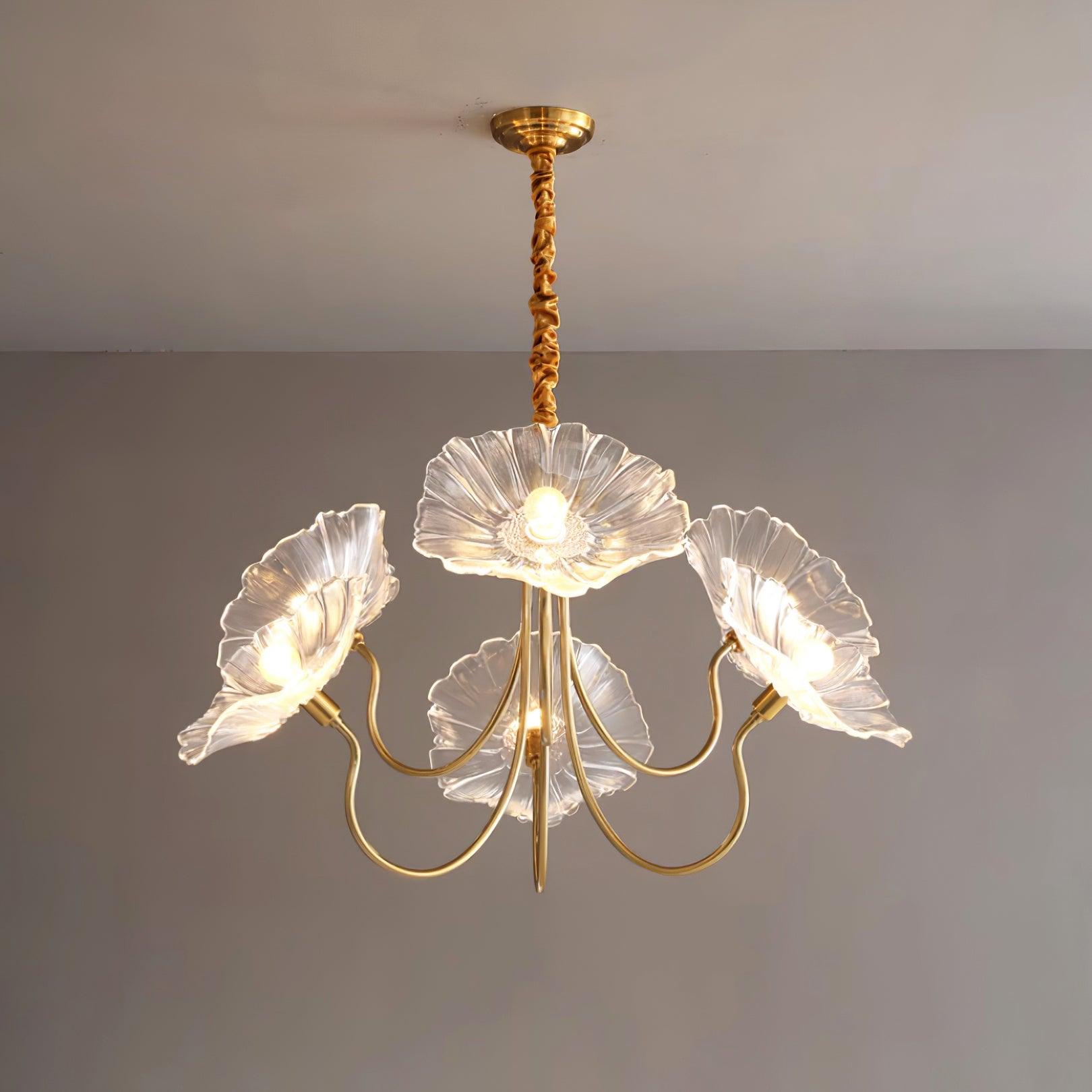 Chandelier Glass Lotus Leaf 35.4 in Modern Indoor Ceiling Light Clear Pink Artistic Home Dining Room Lighting | Thomler