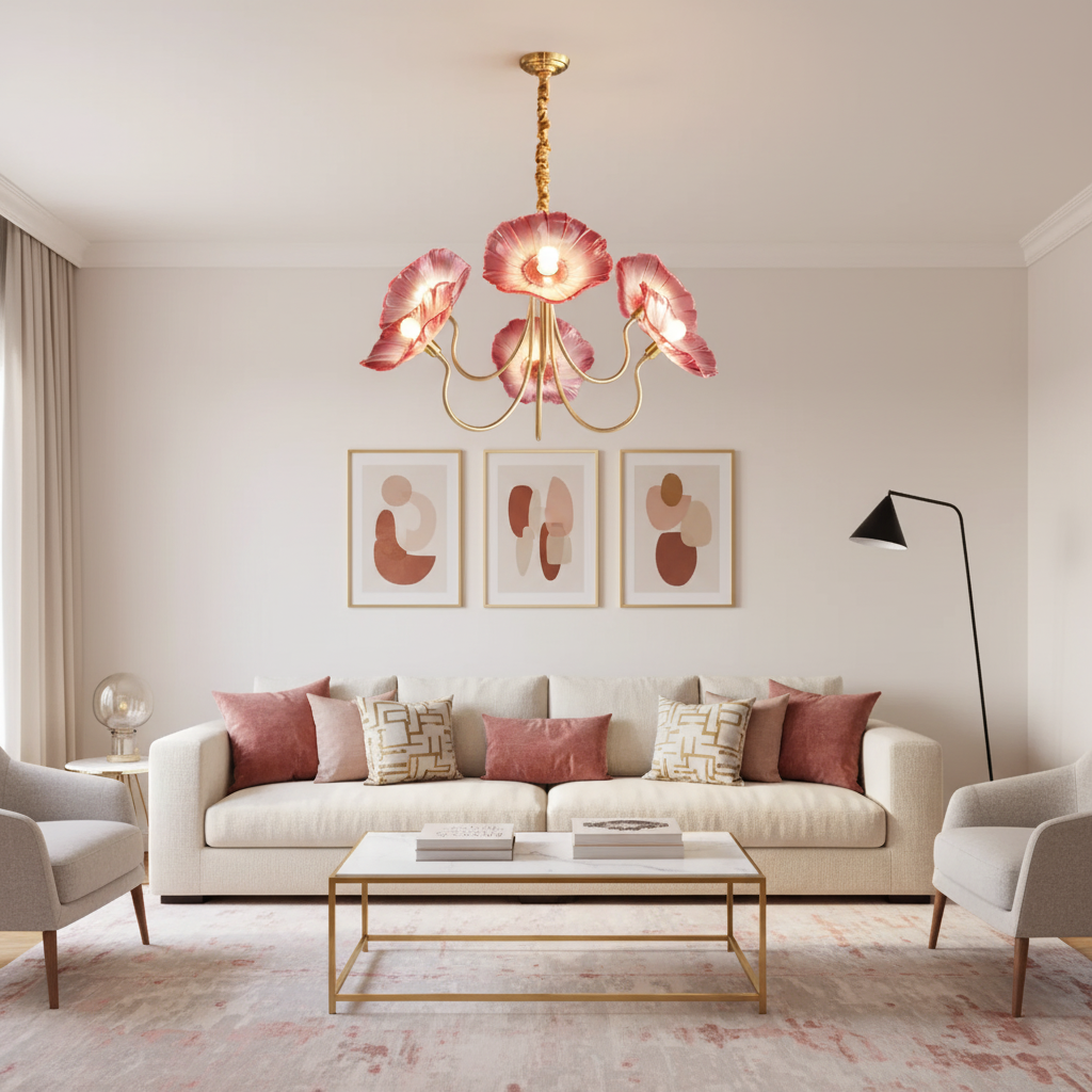 Chandelier Glass Lotus Leaf 35.4 in Modern Indoor Ceiling Light Clear Pink Artistic Home Dining Room Lighting | Thomler
