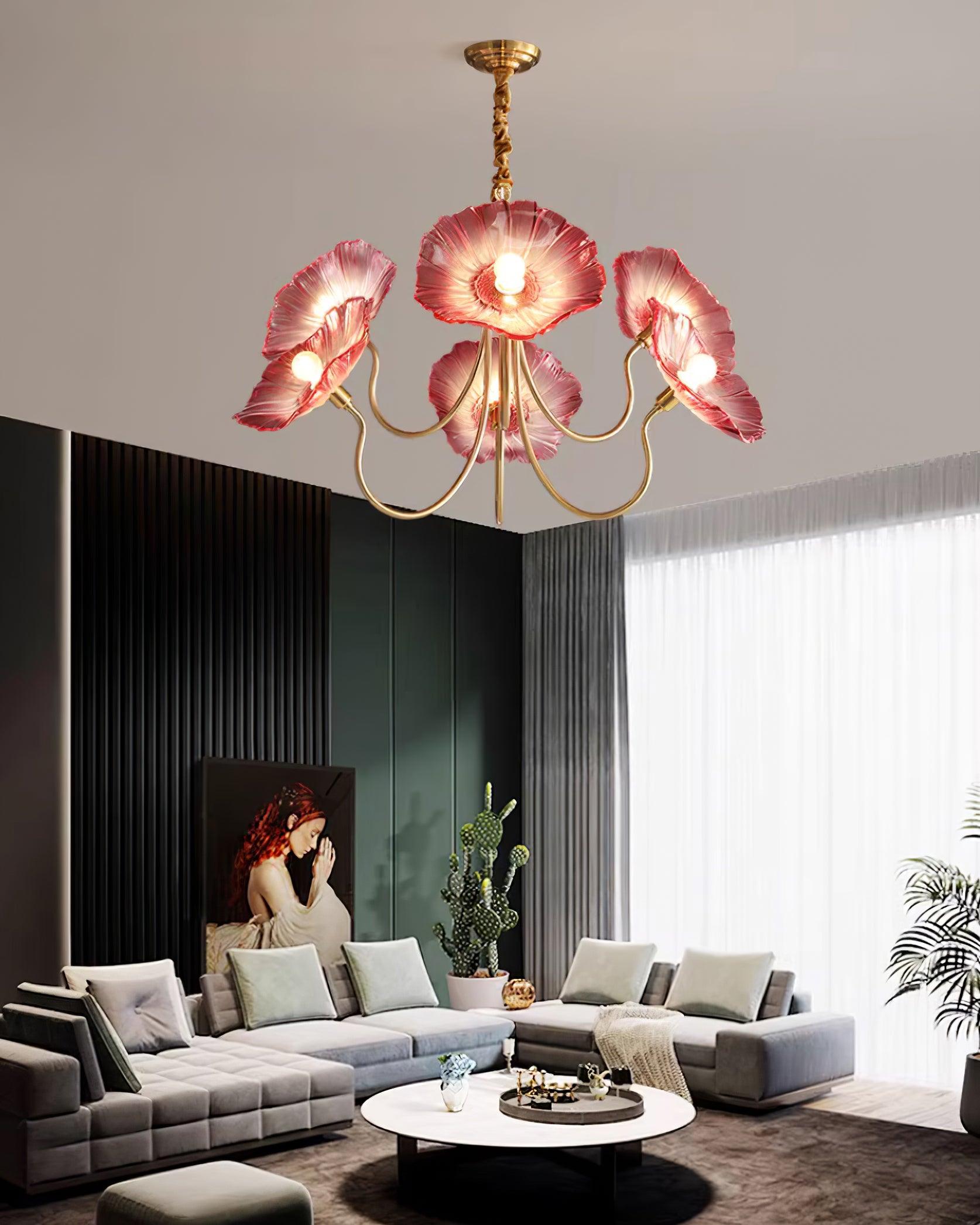 Chandelier Glass Lotus Leaf 35.4 in Modern Indoor Ceiling Light Clear Pink Artistic Home Dining Room Lighting | Thomler