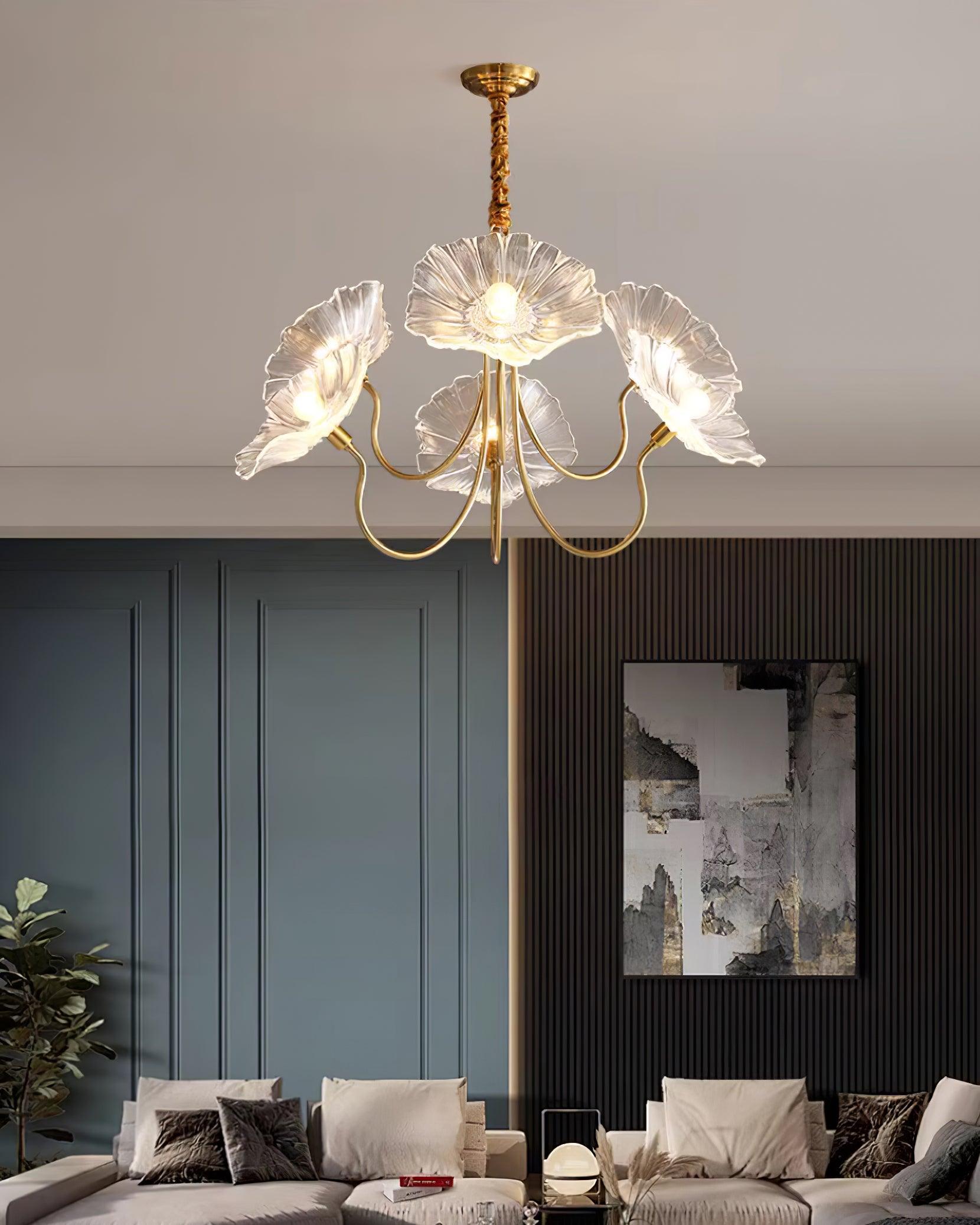 Chandelier Glass Lotus Leaf 35.4 in Modern Indoor Ceiling Light Clear Pink Artistic Home Dining Room Lighting | Thomler