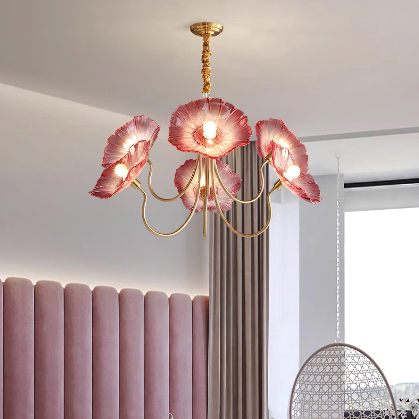 Chandelier Glass Lotus Leaf 35.4 in Modern Indoor Ceiling Light Clear Pink Artistic Home Dining Room Lighting | Thomler