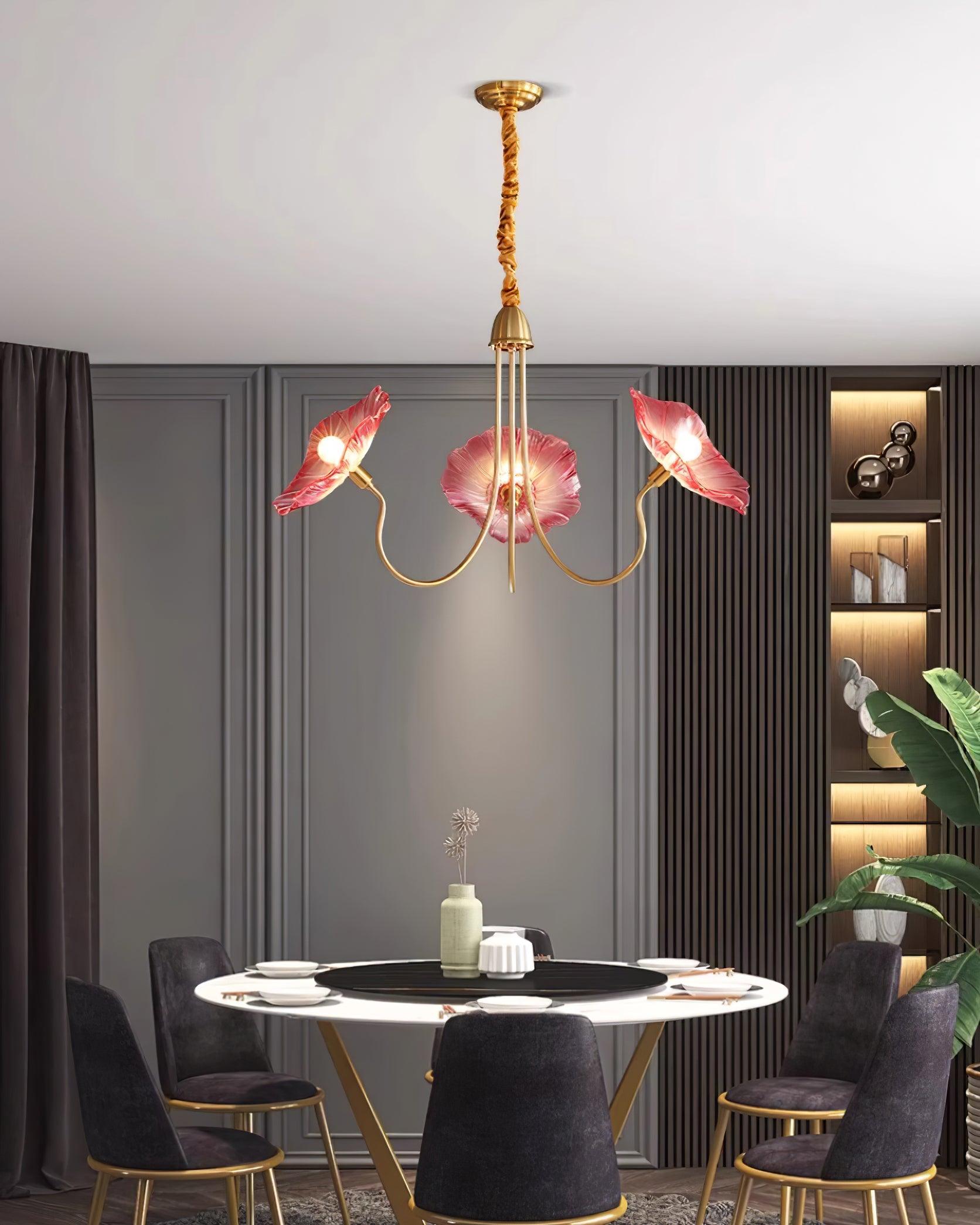 Chandelier Glass Lotus Leaf 35.4 in Modern Indoor Ceiling Light Clear Pink Artistic Home Dining Room Lighting | Thomler