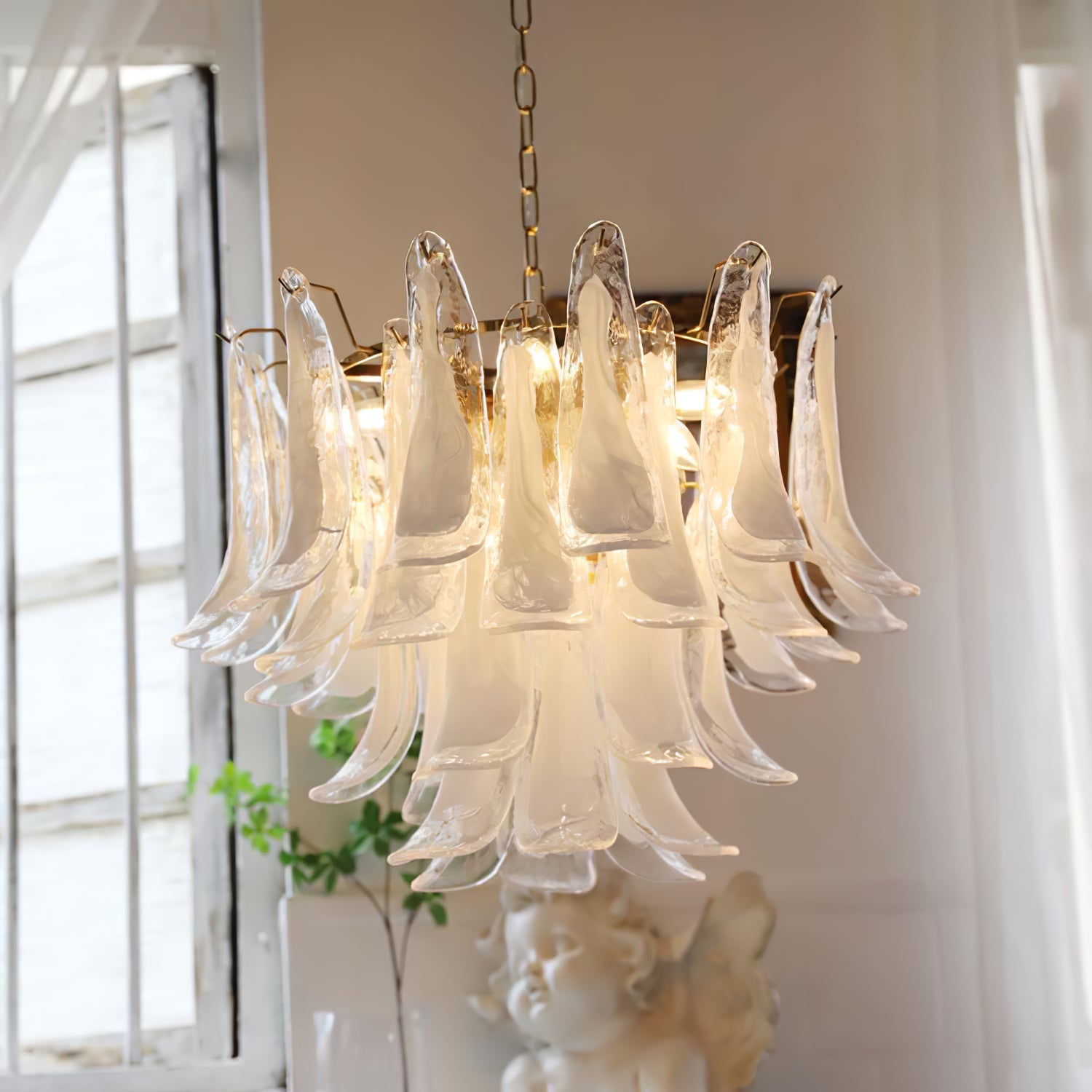 Chandelier Glass Murano 19.6 in Indoor Ceiling Light White Amber Clear Decorative Fixture | Thomler