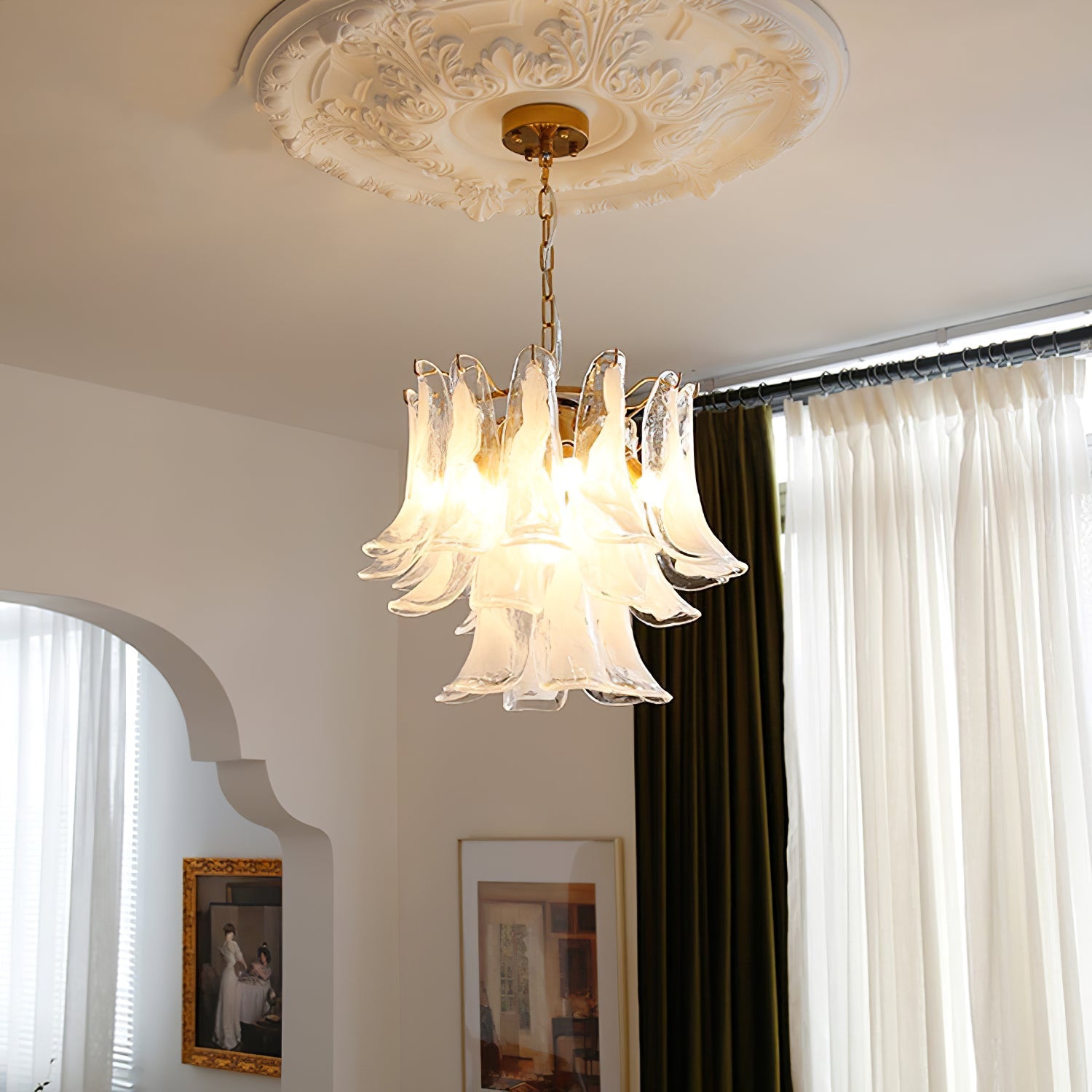 Chandelier Glass Murano 19.6 in Indoor Ceiling Light White Amber Clear Decorative Fixture | Thomler