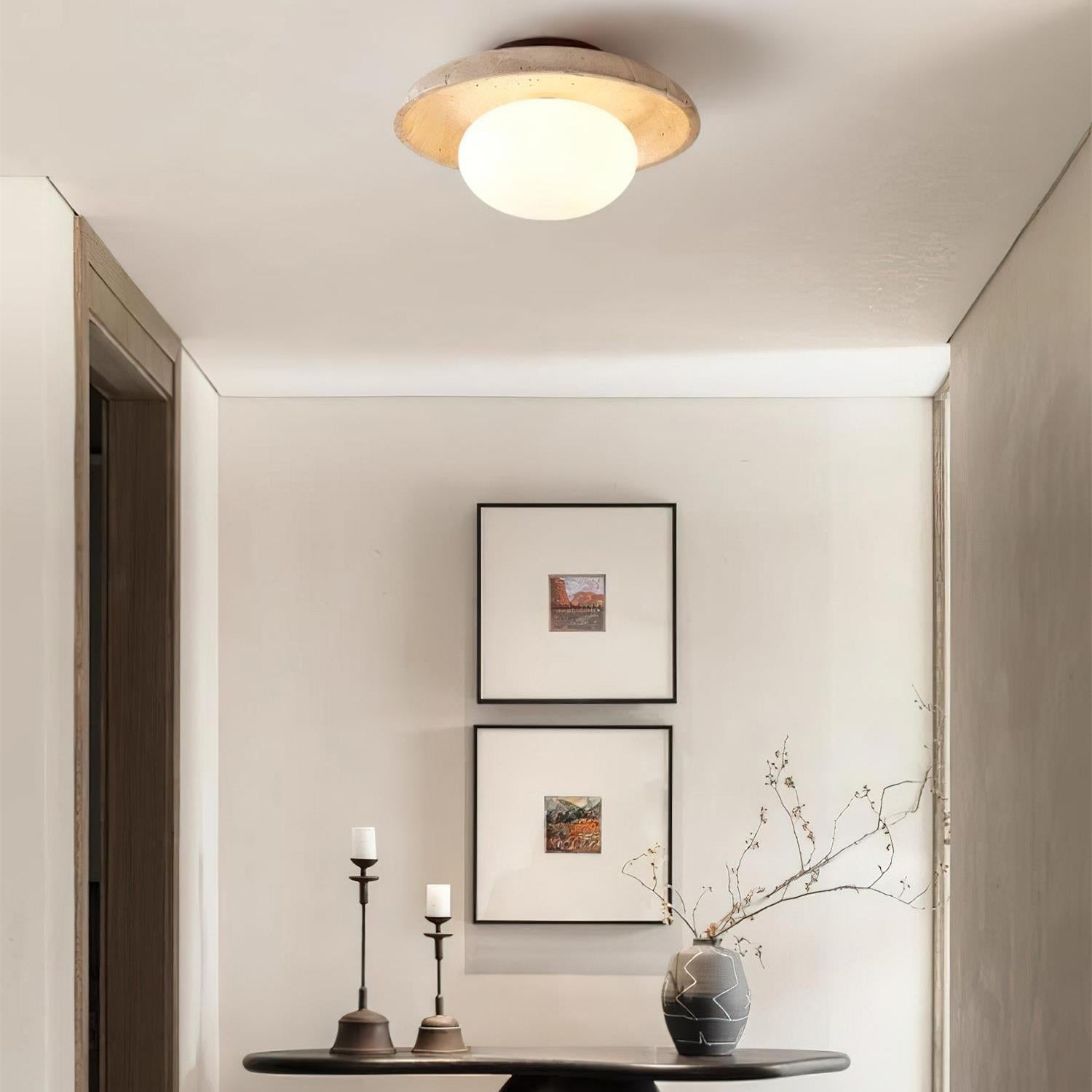 Ceiling Light Wood And Travertine 9.8 In White Hallway Bedroom Flush Mount Wall Or Ceiling Fixture | Thomler