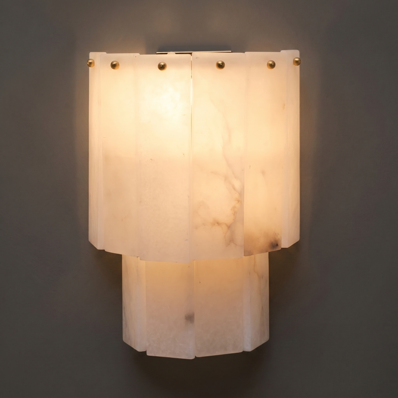 Hand-Carved Spanish Stone Sconce with Brass or Wood Frame – Natural Translucent Wall Light for Living Room & Hallway | Thomler