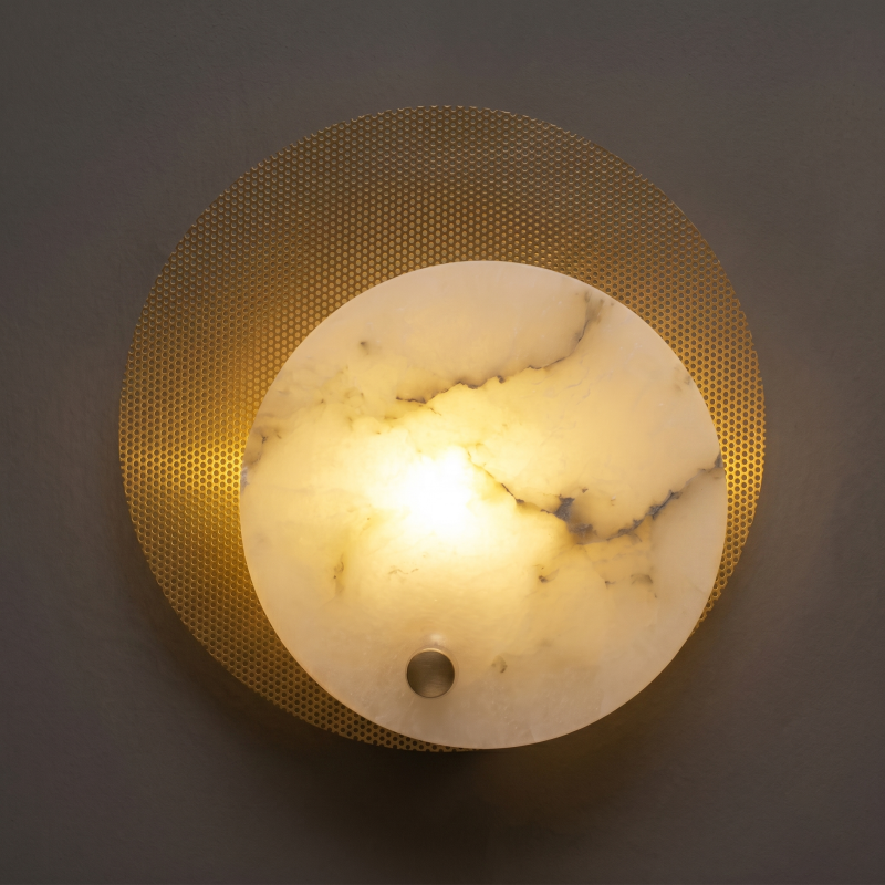 Hand-Carved Spanish Stone Sconce with Brass or Wood Frame – Natural Translucent Wall Light for Living Room & Hallway | Thomler