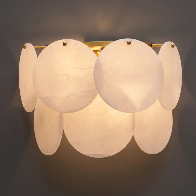 Hand-Carved Spanish Stone Sconce with Brass or Wood Frame – Natural Translucent Wall Light for Living Room & Hallway | Thomler