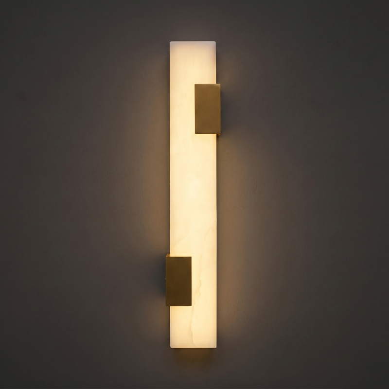 Hand-Carved Spanish Stone Sconce with Brass or Wood Frame – Natural Translucent Wall Light for Living Room & Hallway | Thomler