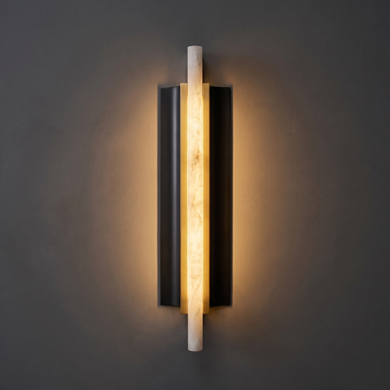 Hand-Carved Spanish Stone Sconce with Brass or Wood Frame – Natural Translucent Wall Light for Living Room & Hallway | Thomler