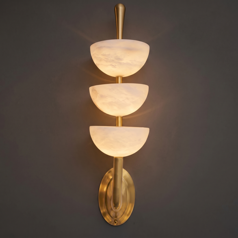 Hand-Carved Spanish Stone Sconce with Brass or Wood Frame – Natural Translucent Wall Light for Living Room & Hallway | Thomler