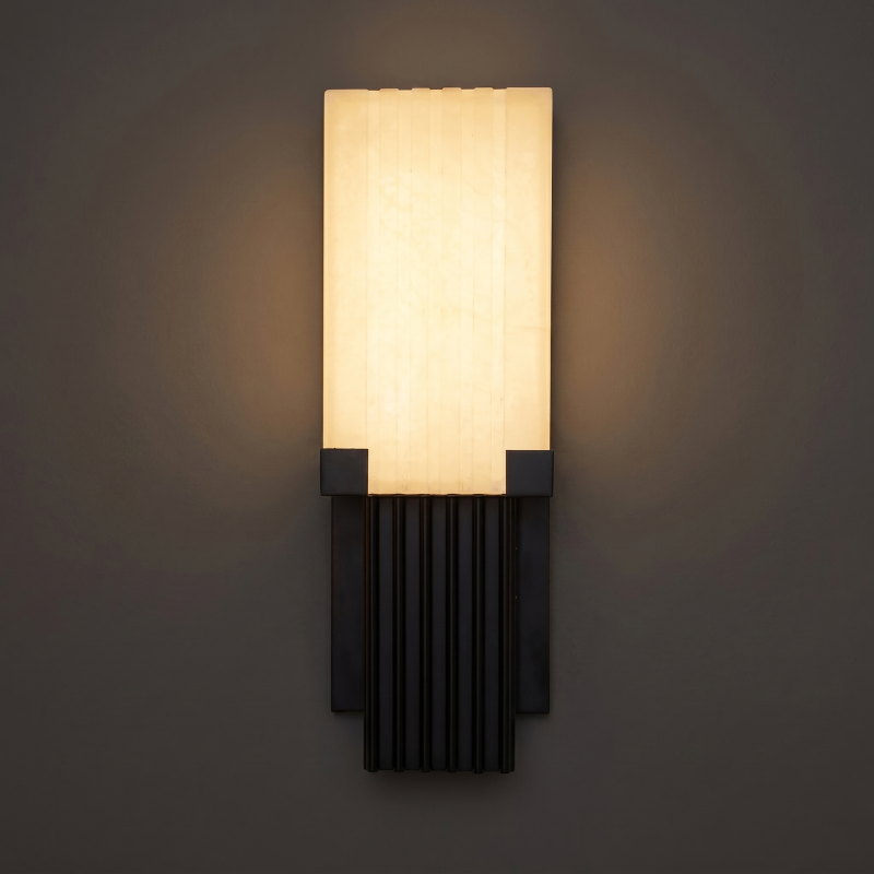 Hand-Carved Spanish Stone Sconce with Brass or Wood Frame – Natural Translucent Wall Light for Living Room & Hallway | Thomler