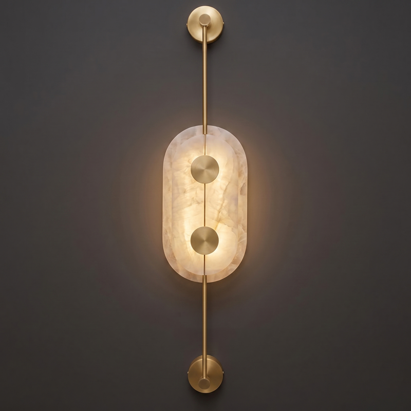 Hand-Carved Spanish Stone Sconce with Brass or Wood Frame – Natural Translucent Wall Light for Living Room & Hallway | Thomler