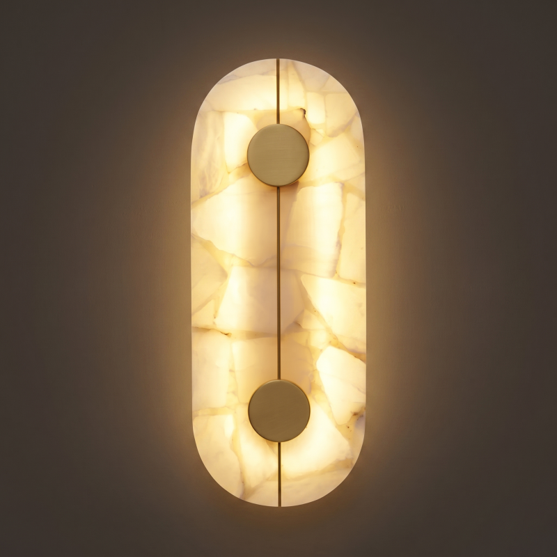 Hand-Carved Spanish Stone Sconce with Brass or Wood Frame – Natural Translucent Wall Light for Living Room & Hallway | Thomler